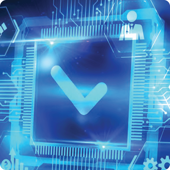 Abstract digital illustration of a checkmark within a circuit board, signifying successful processing or verification